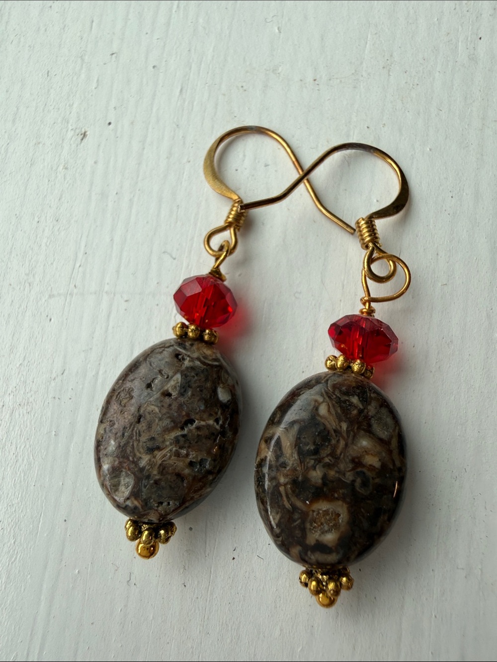 Handcrafted Gold-Filled Red Glass and Brown Fossil Stone Drop Earrings